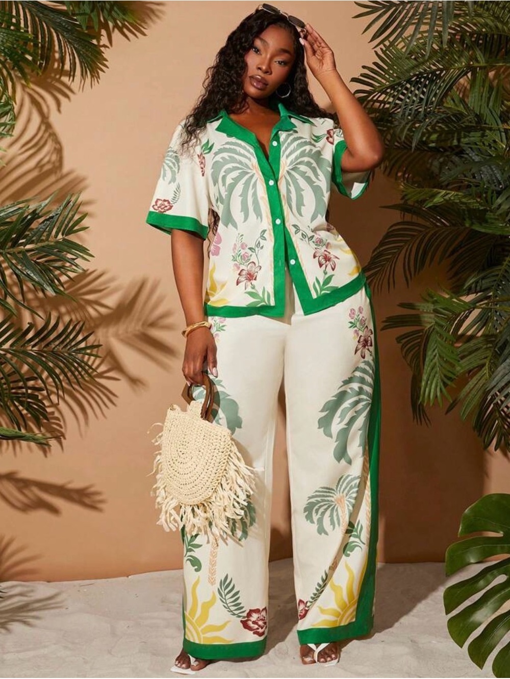 Plus Tropical-Print Wide Leg Pants with Green Trim